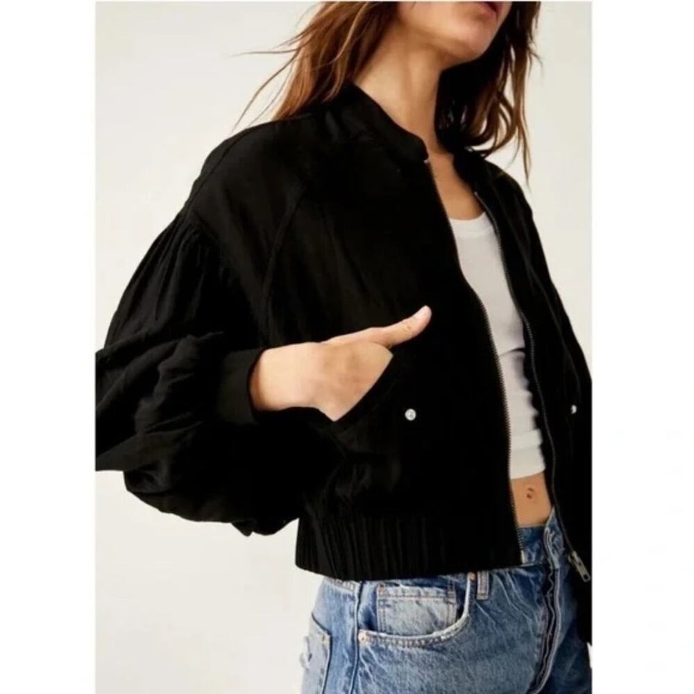FREE PEOPLE On Pointe Bomber Jacket Lightweight Puff Balloon Sleeve Black